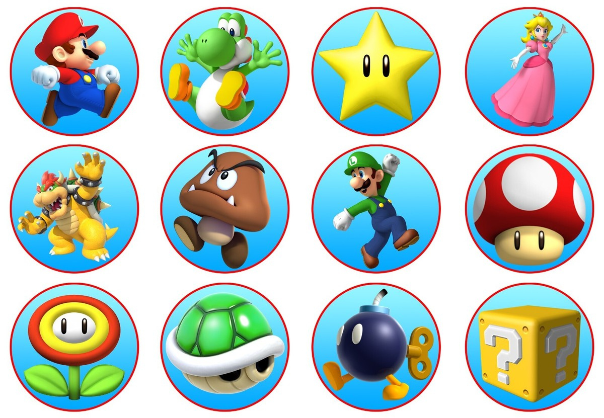 24X Edible Super Mario Bros Cupcake Cookie Toppers Wafer Paper regarding Super Mario Cupcake Toppers Free Printables
