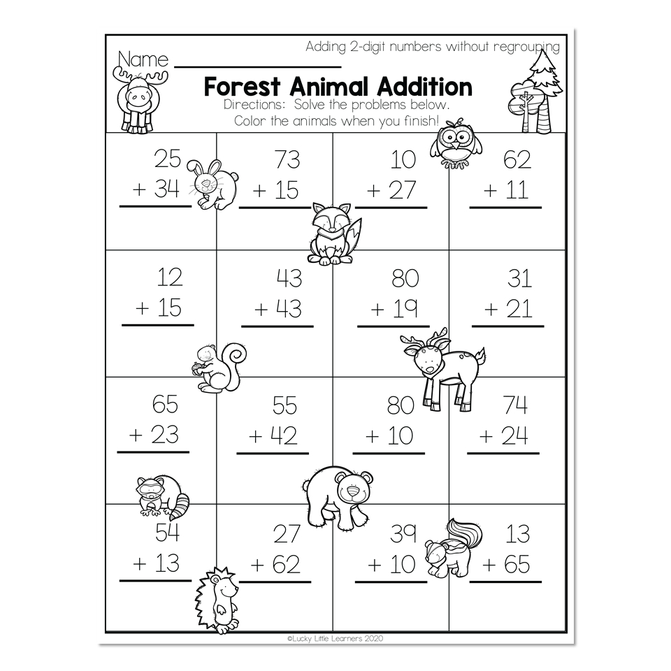 2Nd Grade Math Worksheets - 2-Digit Addition Without Regrouping pertaining to Animal Picture Addition Worksheet