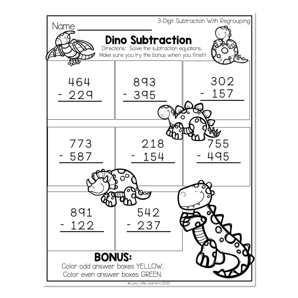 2Nd Grade Math Worksheets - Place Value - 3-Digit Subtraction With for Dinosaur Subtract and Match Worksheet