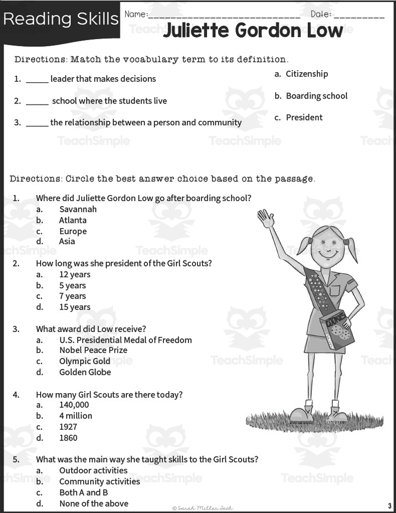 2Nd Grade Reading Packet: Juliette Gordon Low with Juliette Gordon Low Printable