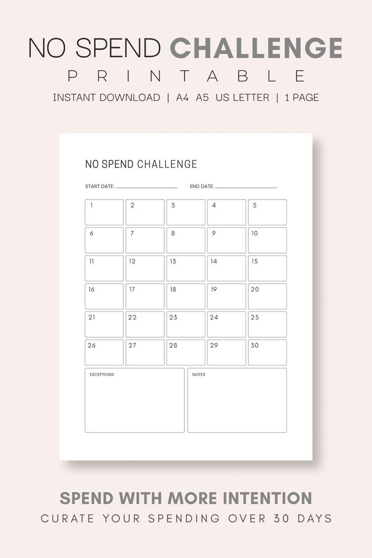30 Day No Spend Challenge Printable - Save More, Spend With Intention intended for No Spend Challenge Free Printable