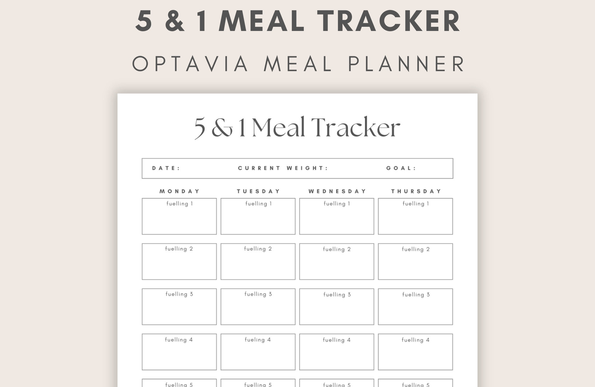 5 &amp;amp; 1 Fueling Tracker, Minimalist Optavia Meal Diary, Lean And within Printable Optavia Tracking Sheets Free