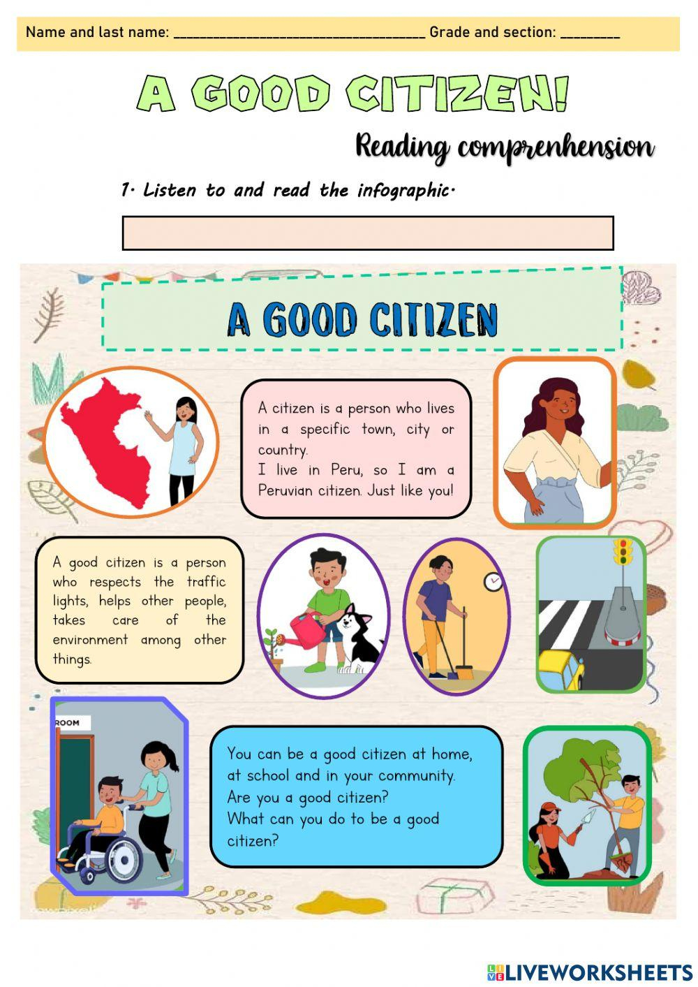 A Good Citizen-Reading Comprenhension Worksheet | Live Worksheets with regard to Free Printable Worksheets on Being a Good Citizen