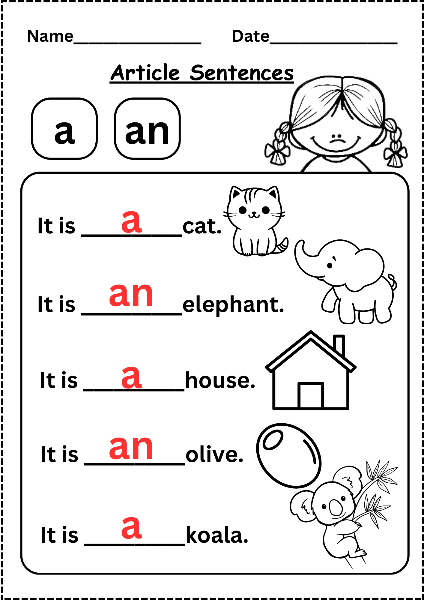 A Or An Free Worksheet For Kindergarten intended for Printable Kindergarten English Worksheets