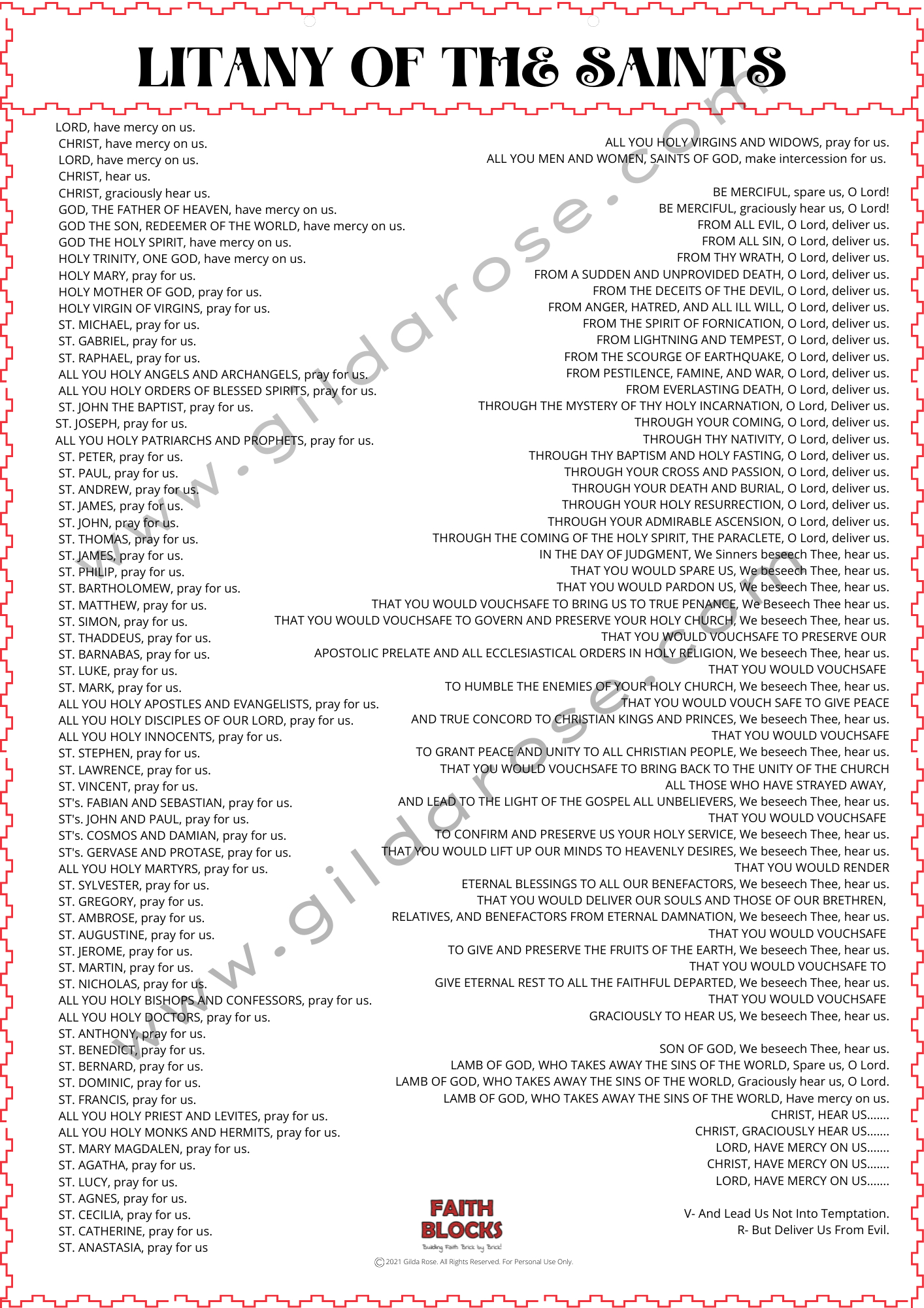 A-Z Saints Chart &amp;amp; Litany Of Saints (A3 Size) - Faith Blocks throughout Printable Litany Of The Saints