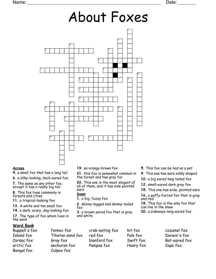 About Foxes Crossword - Wordmint throughout Fox News Crossword Puzzle Today Printable