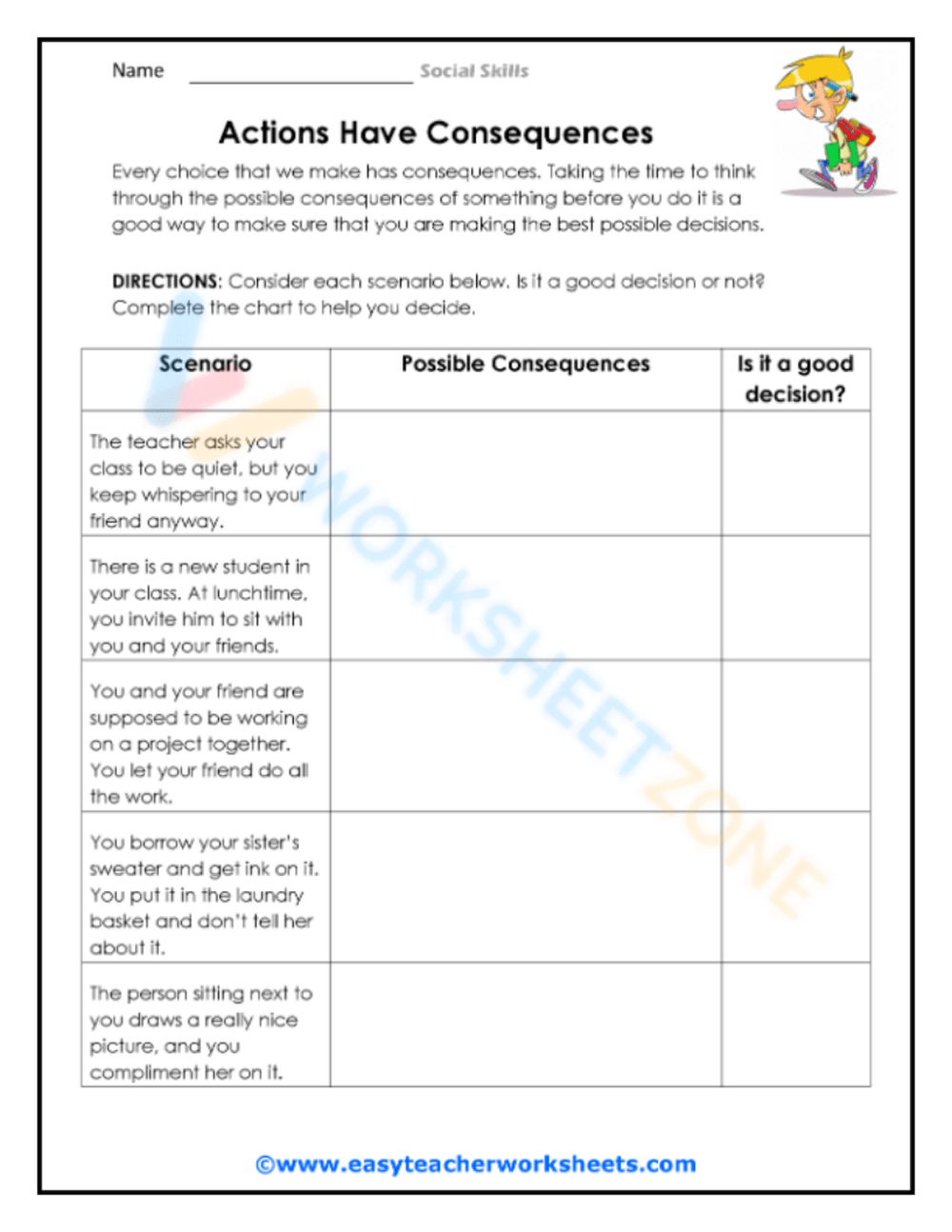 Actions Have Consequences Worksheet pertaining to Free Printable Actions and Consequences Worksheets