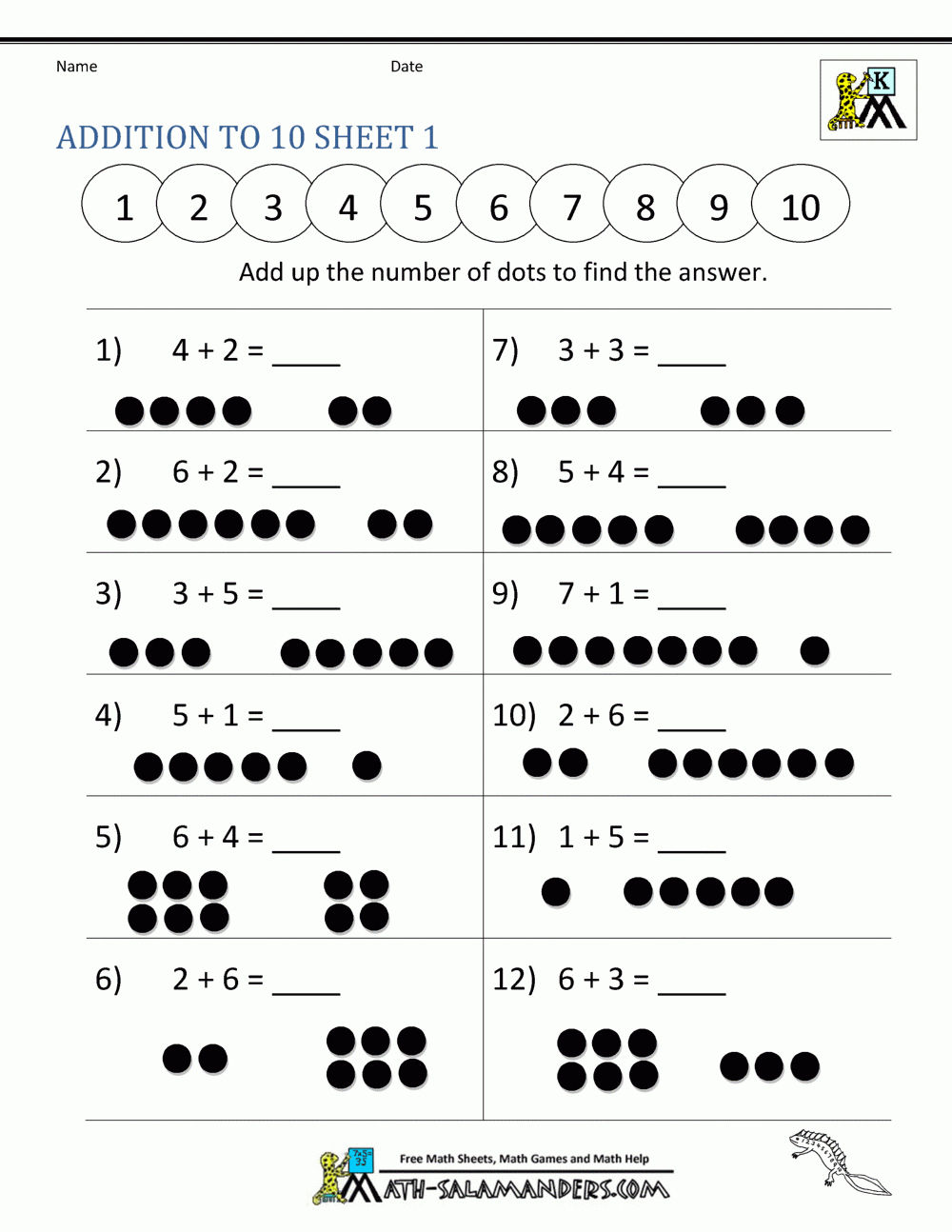 Addition And Subtraction Worksheets For Kindergarten with regard to Printable Adding To 10 Worksheet