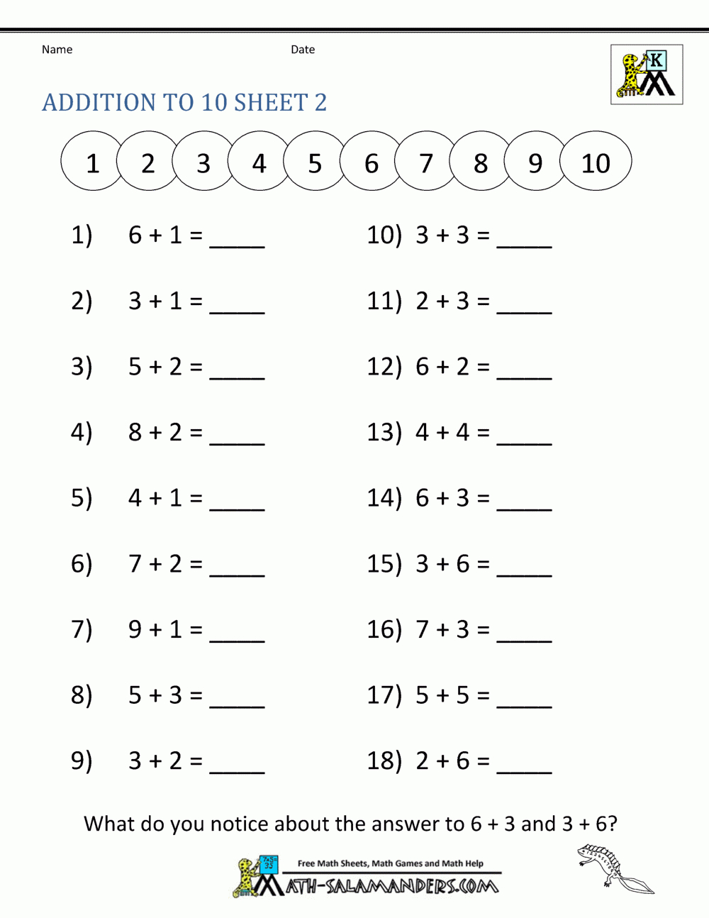 Addition Math Worksheets For Kindergarten intended for Printable Adding to 10 Worksheet