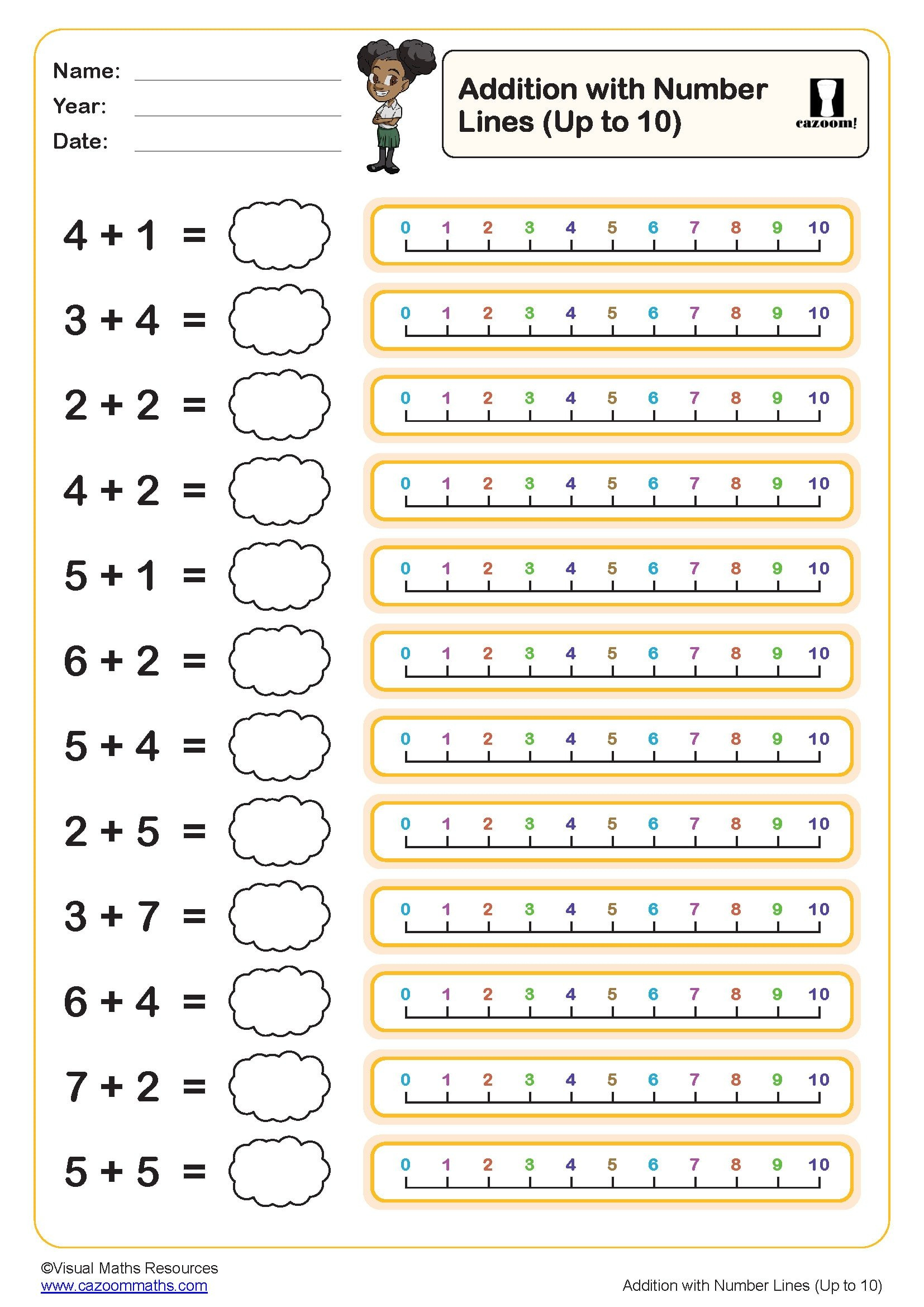 Addition With Number Lines Worksheet (Up To 10) | Pdf Printable within Printable Adding to 10 Worksheet