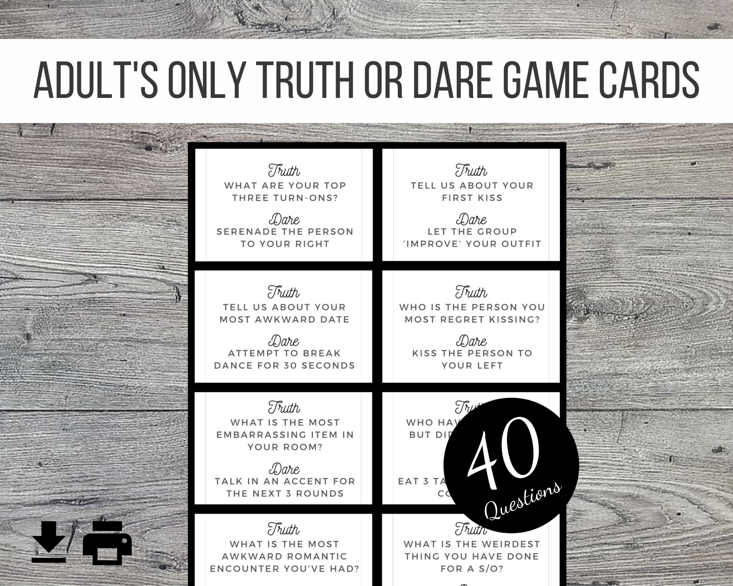 Adults Only Truth Or Dare Printable Party Game, 40 Cards for Printable Truth Or Dare Cards For Adults