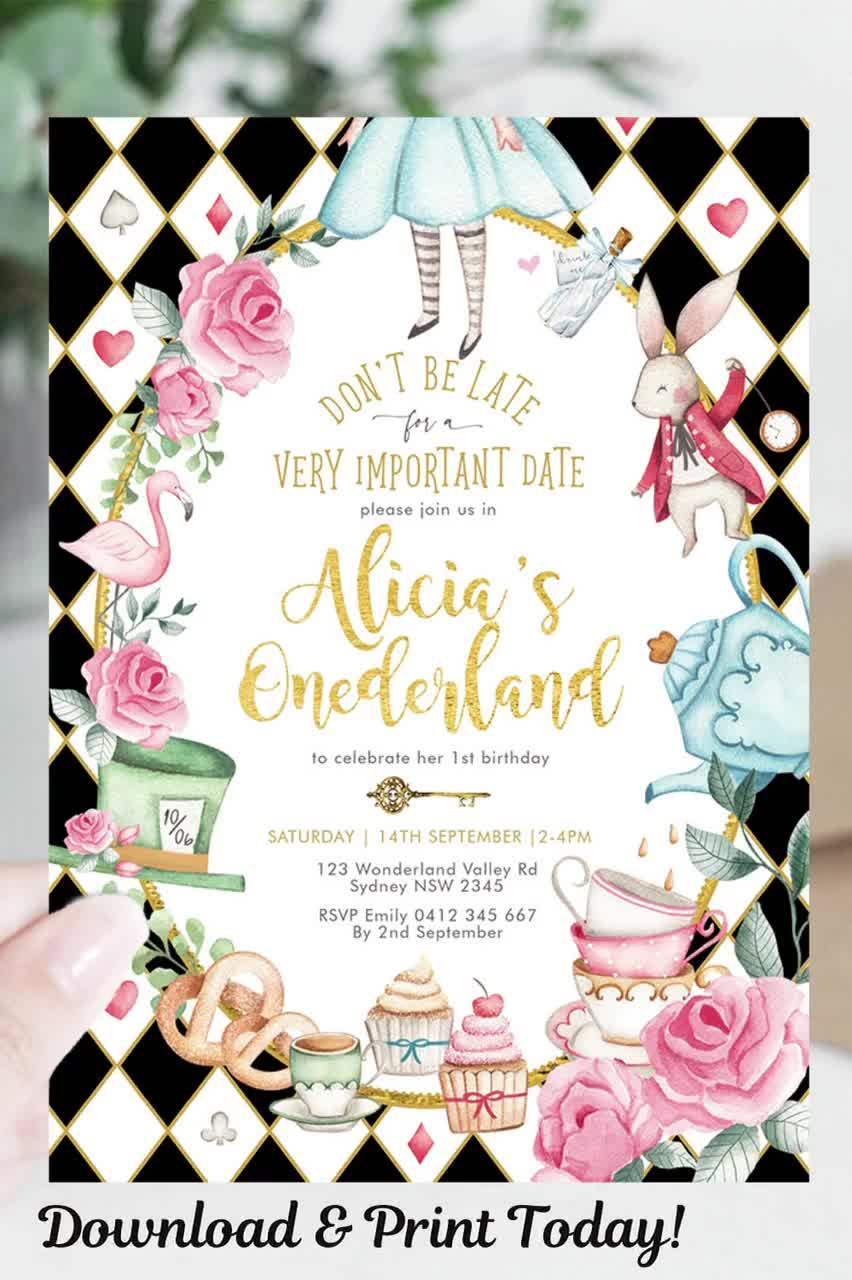 Alice In Wonderland Invitation Template, Alice In Onederland 1St Birthday Invite, Mad Tea Party, Editable Printable Instant Download, Al1 throughout Templates Free Printable Free Downloadable Alice in Wonderland Invitations