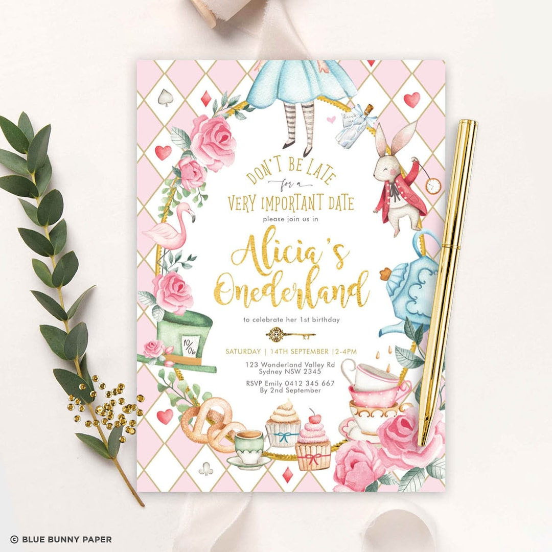 Alice In Wonderland Invitation Template, Editable Onederland Girl with Templates Free Printable Free Downloadable Alice In Wonderland Invitations