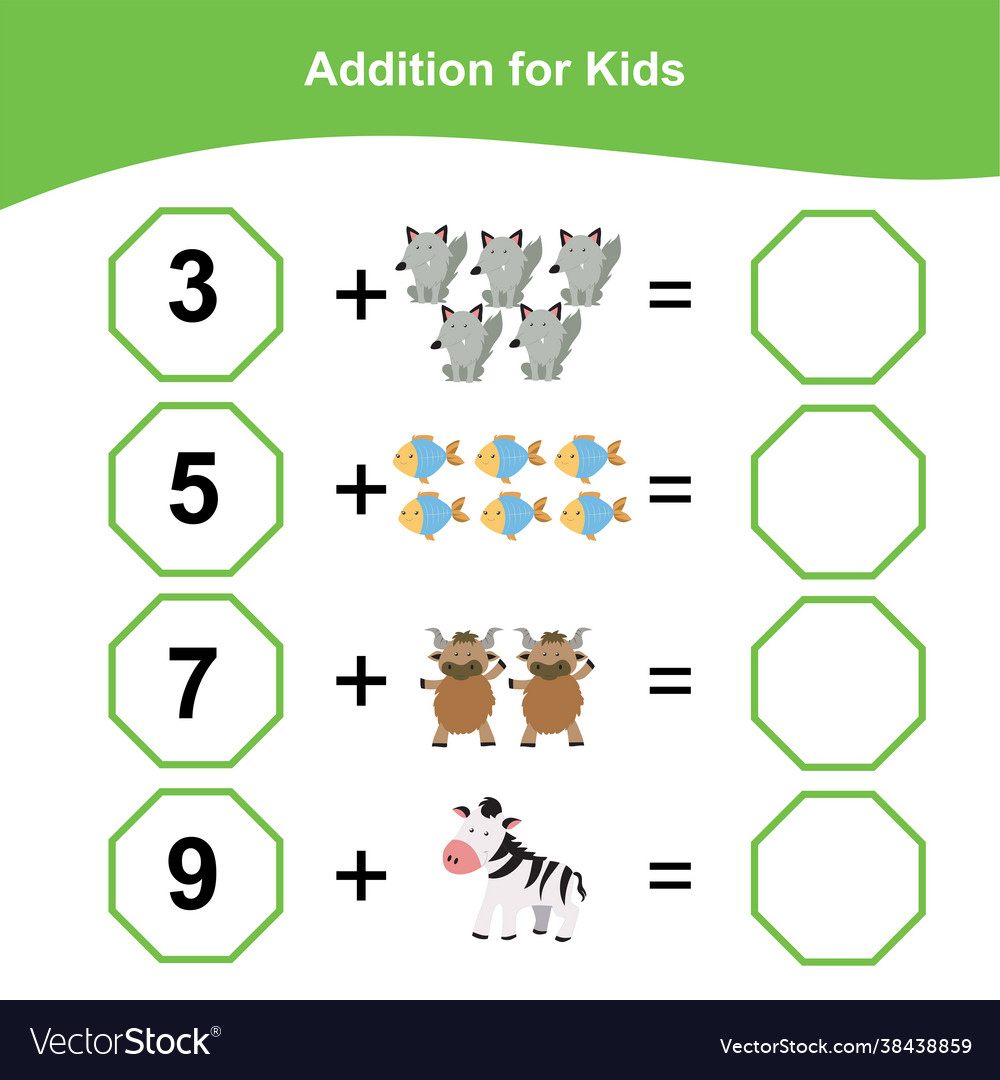 Animals Addition Game Worksheet For Kids Vector Image with regard to Animal Picture Addition Worksheet