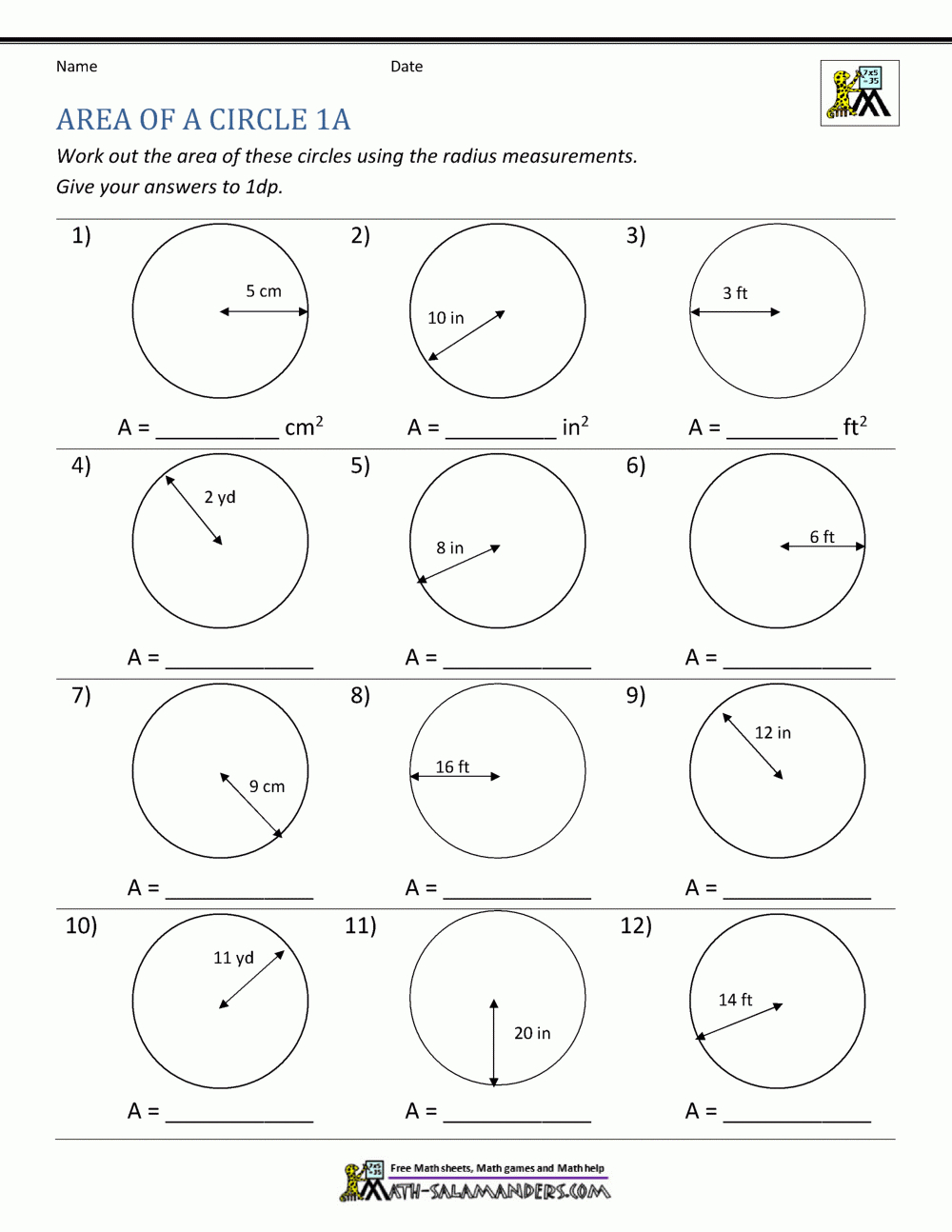 Area Of A Circle pertaining to Free Worksheet Circle Radius Printable