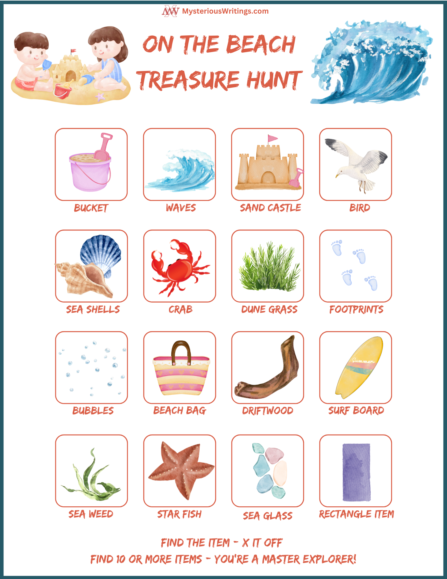 Beach Scavenger Hunt For Kids- Free Printable - Mysterious Writings inside Beach Scavenger Hunt Free Printable
