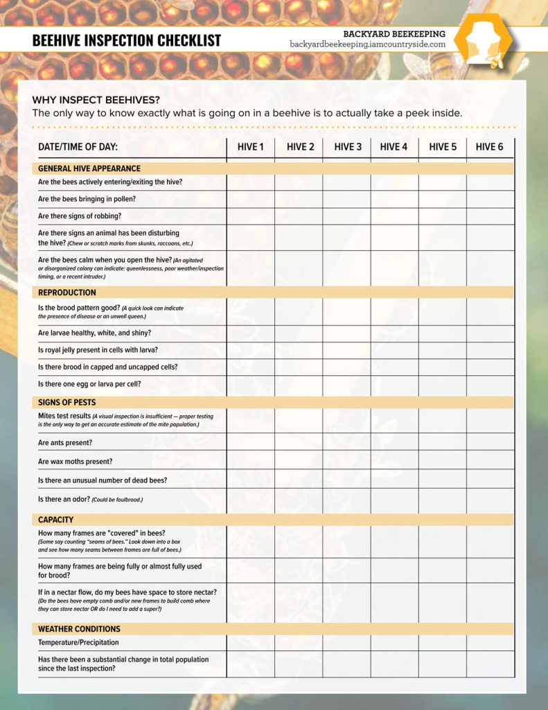 Beehive Inspection Checklist - Backyard Beekeeping pertaining to Free Printable Hive Inspection Sheets