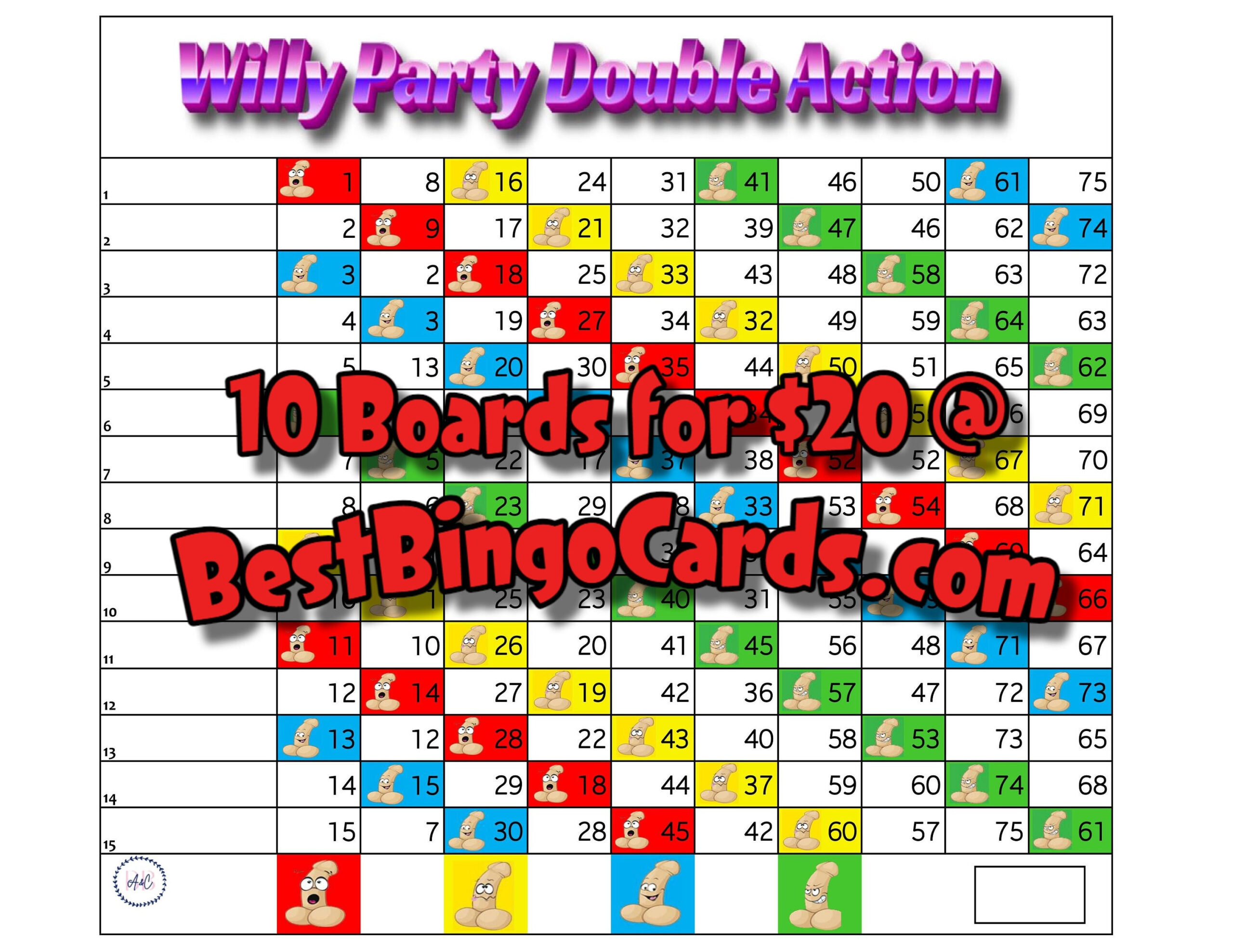 Bingo Boards 1-15 Line Double Action - Willy Party - Straight in Double Action Bingo Card