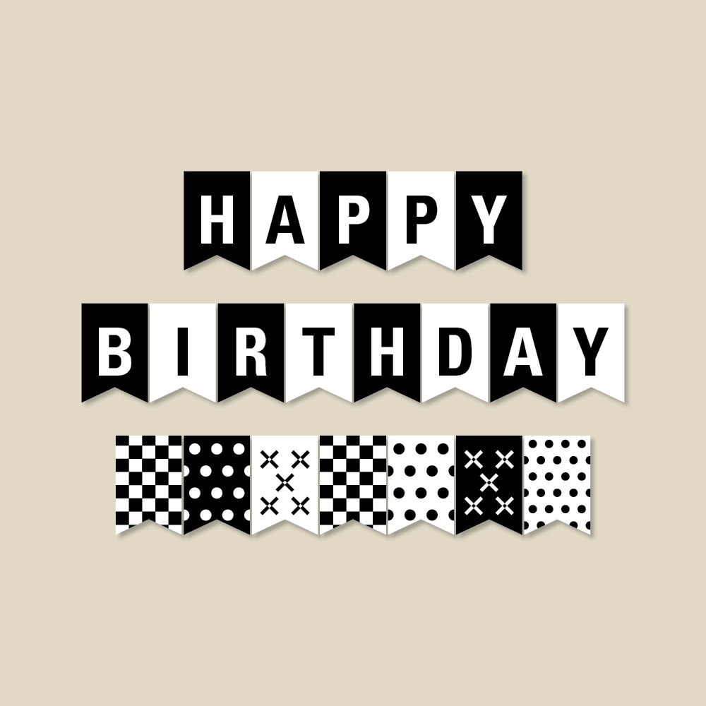 Black And White Birthday Banner, Birthday Party Decorations throughout Happy Birthday Printable Banner Black And White