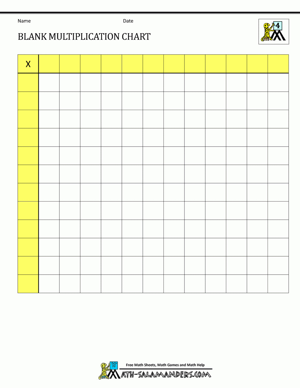Blank Multiplication Charts Up To 12X12 throughout Free Printable Multiplication Chart Blank