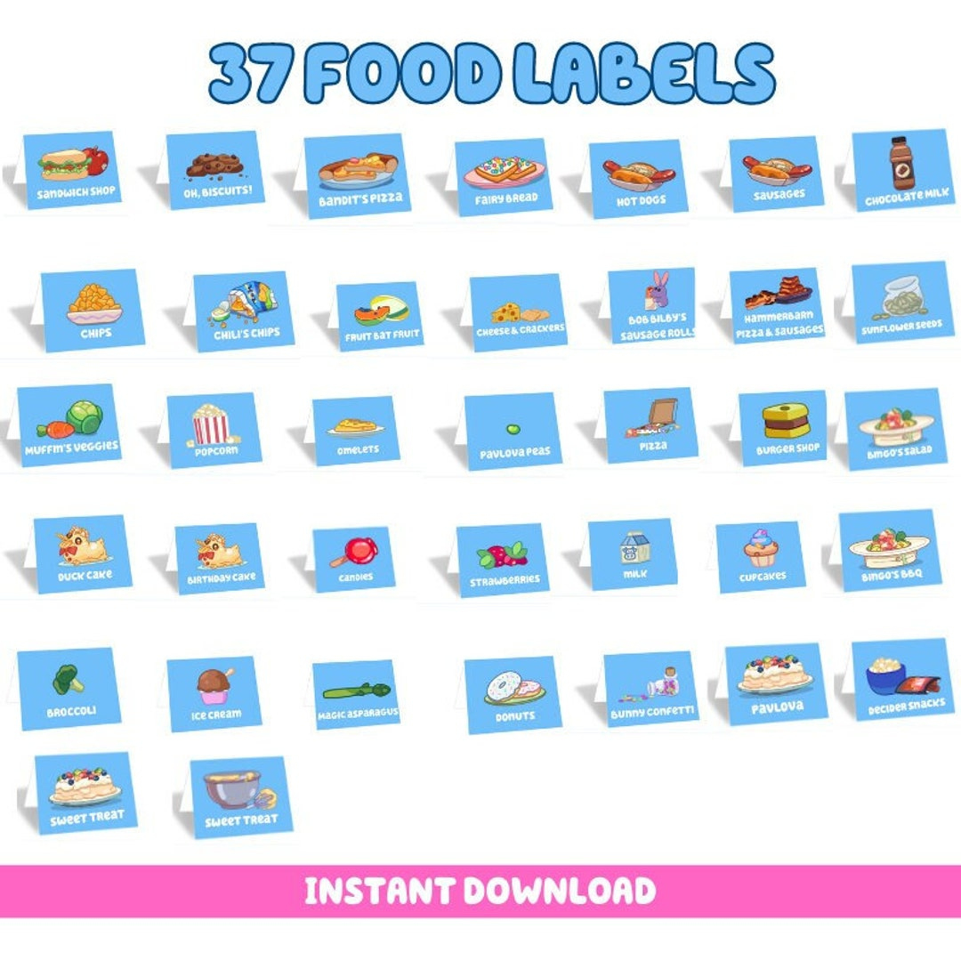 Bluey Birthday Party | 37 Food Labels Bundle | Blue Dog | Digital for Bluey Food Labels Printable
