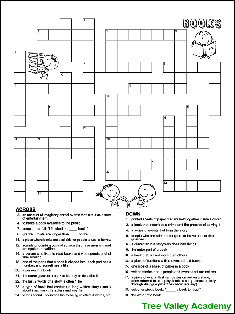 Book Themed Crossword Puzzle For Kids - Tree Valley Academy for Printable Crossword Puzzles For 4Th Graders
