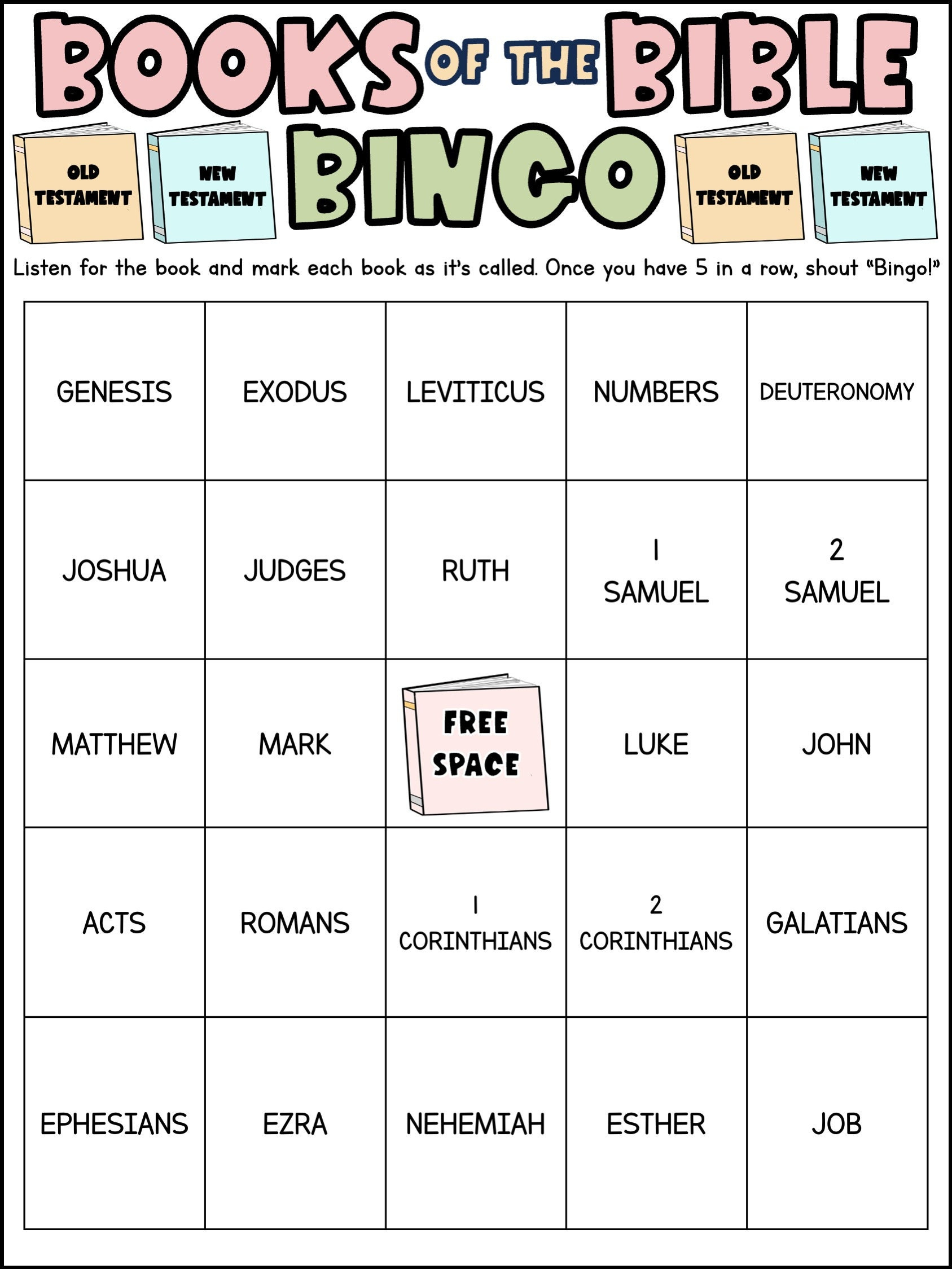 Books Of The Bible Bingo Cards Church Bingo Game Christian Bingo intended for Free Printable Books of the Bible Bingo Cards