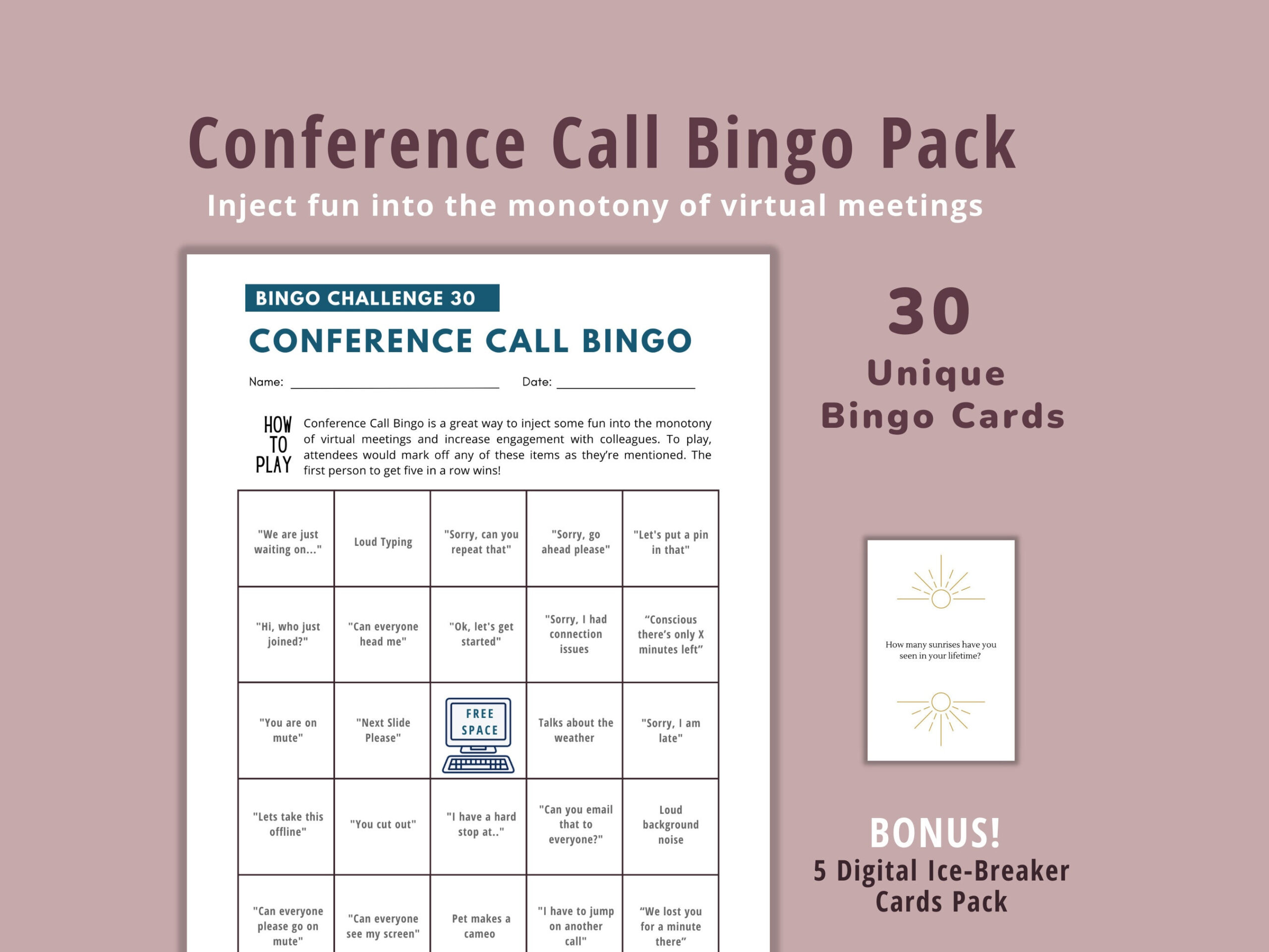 Büro Spiel, 30 Konferenz Call Bingo Karten | Zoom-Bingo with Conference Call Bingo Cards