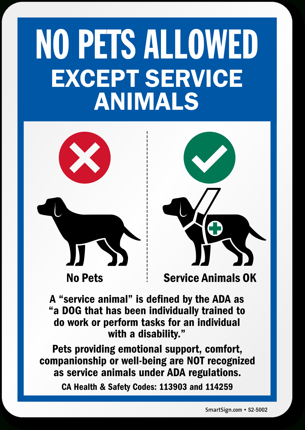California No Pets Allowed Except Service Animals Sign S2-5002 throughout No Pets Allowed Except Service Animals Sign Printable