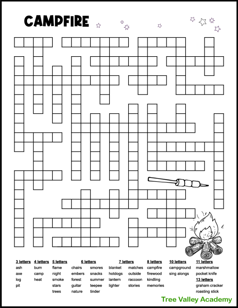 Campfire Camping Word Fill In Puzzle - Tree Valley Academy within Free Printable Word Fill in Puzzles For Adults