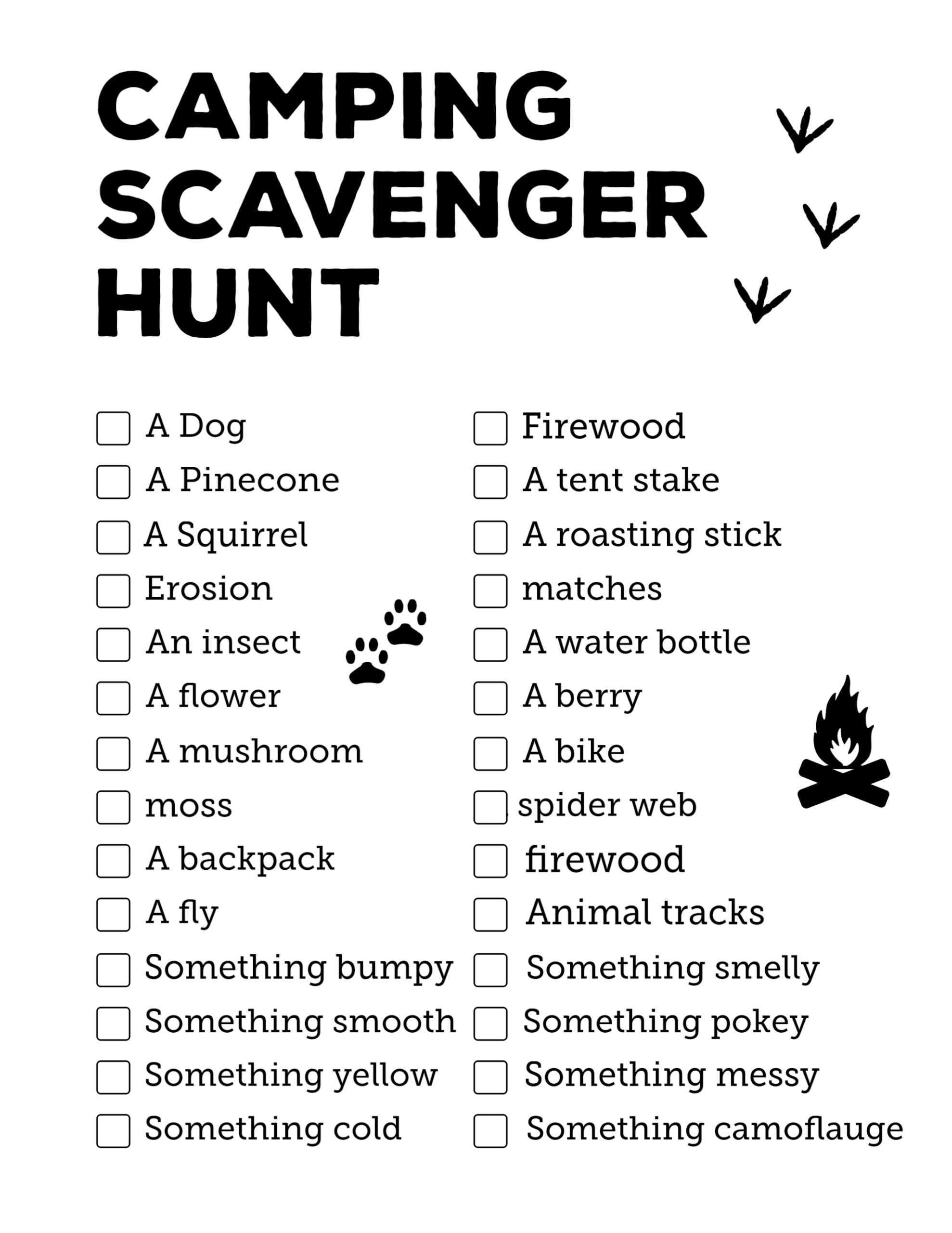 Camping Scavenger Hunt Printable - Paper Trail Design throughout Free Camping Scavenger Hunt Printable