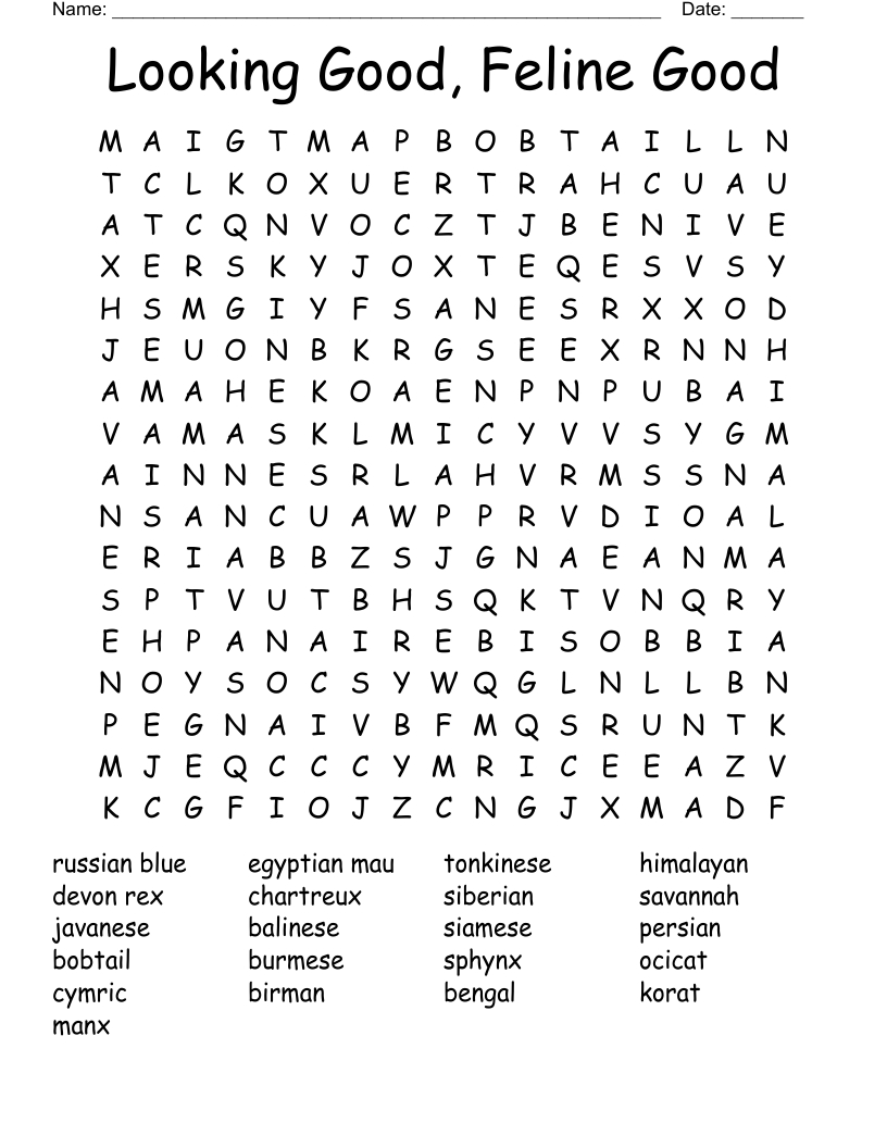 Cat Breeds Word Search - Wordmint with Cat Word Search Printable