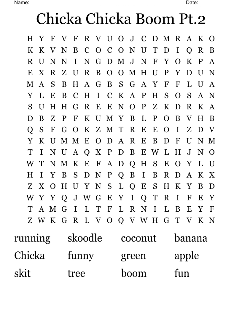Chicka Chicka Boom Pt.2 Word Search - Wordmint intended for Free Printable Skits For Seniors