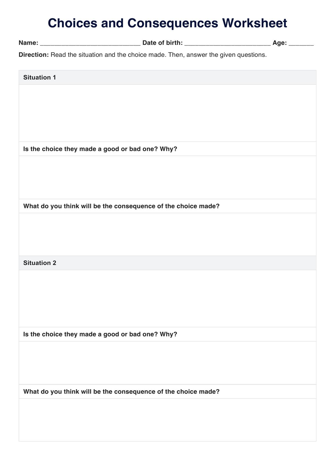 Choices And Consequences Worksheets &amp;amp; Example | Free Pdf Download throughout Free Printable Actions And Consequences Worksheets