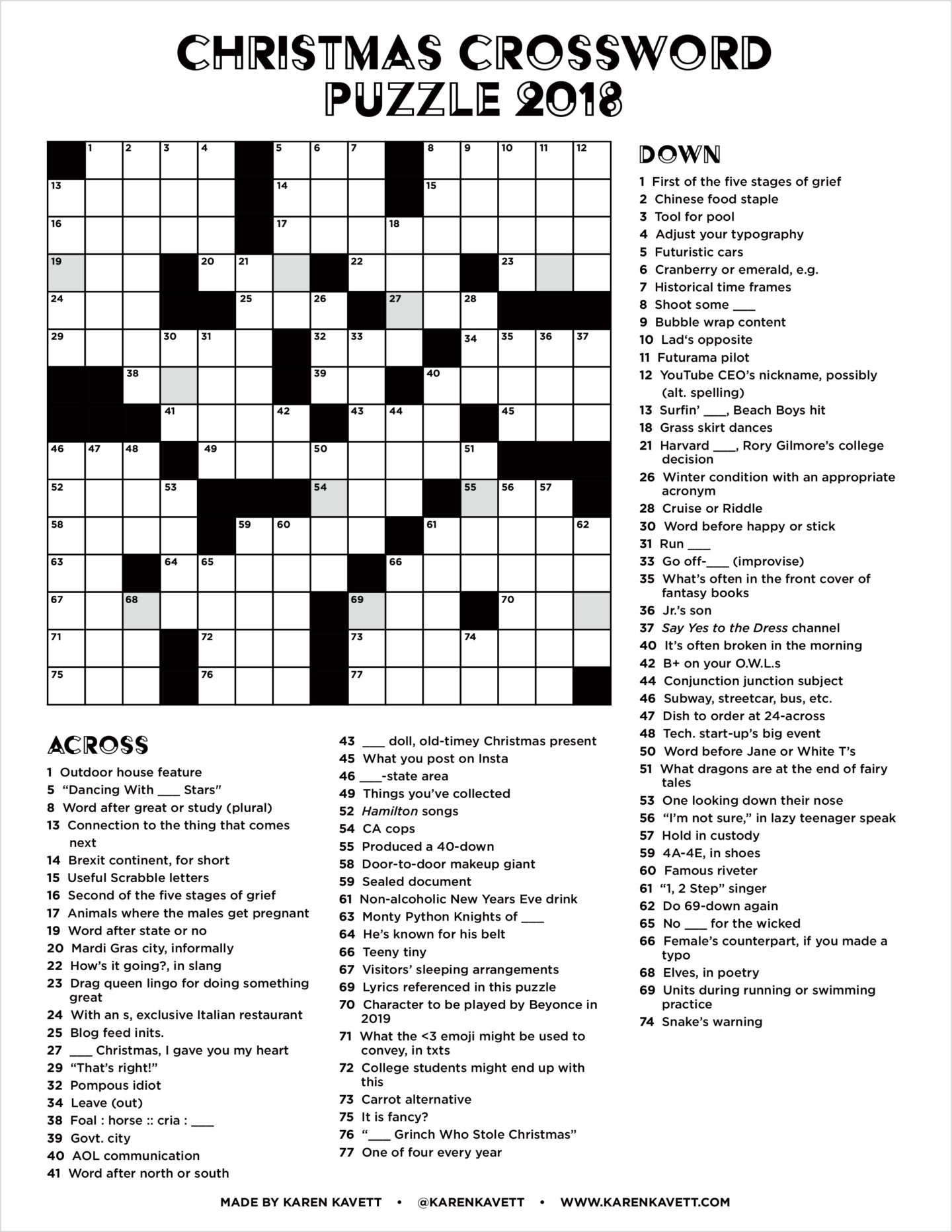 Christmas Crossword Puzzle 2018 - Karen Kavett throughout Xmas Crossword Printable