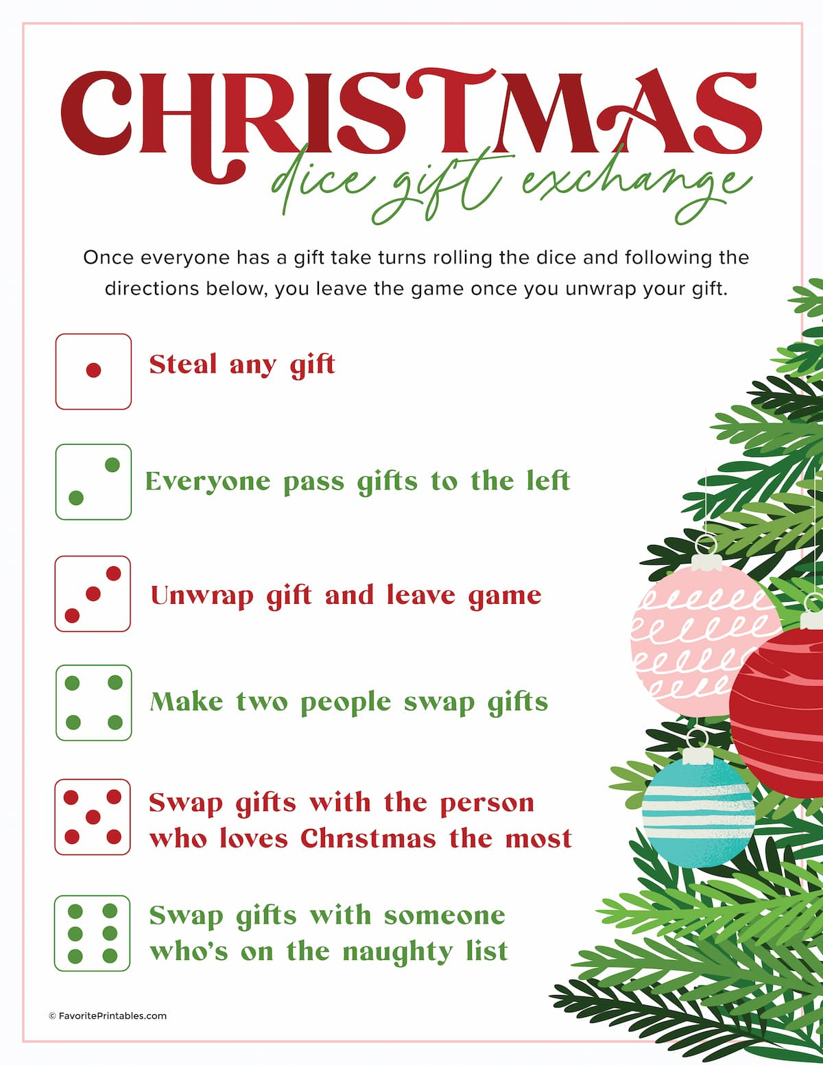 Christmas Dice Game, Free Printable For Gift Exchange! - Favorite with regard to White Elephant Dice Game Free Printable