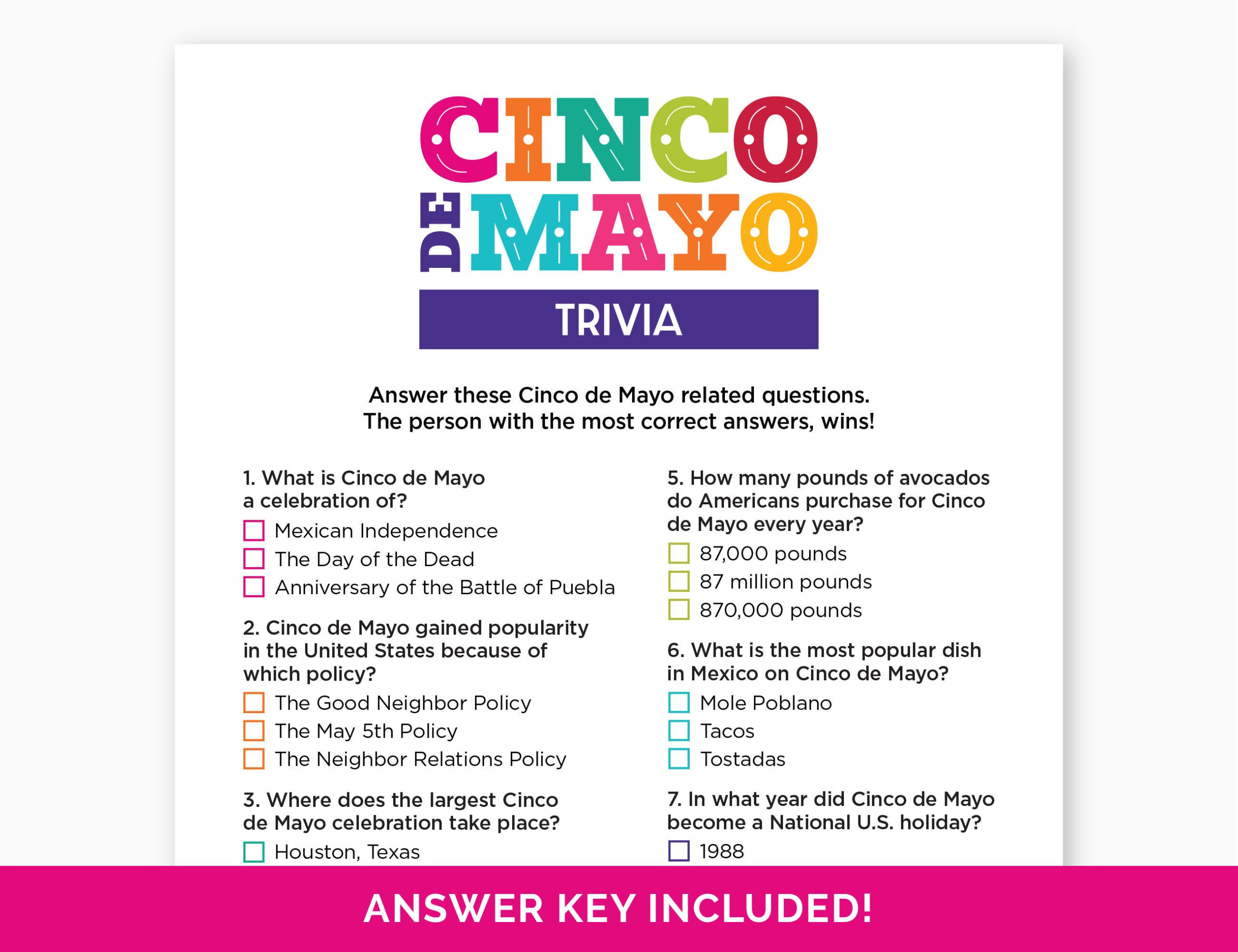 Cinco De Mayo Trivia Game, Printable Quiz With Answers For A pertaining to Cinco De Mayo Trivia Printable