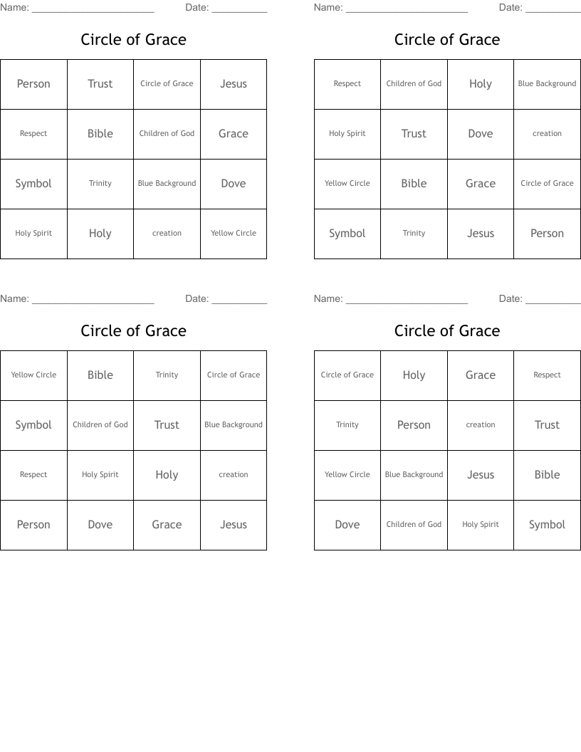Circle Of Grace Bingo Cards - Wordmint for Circle of Grace Printable