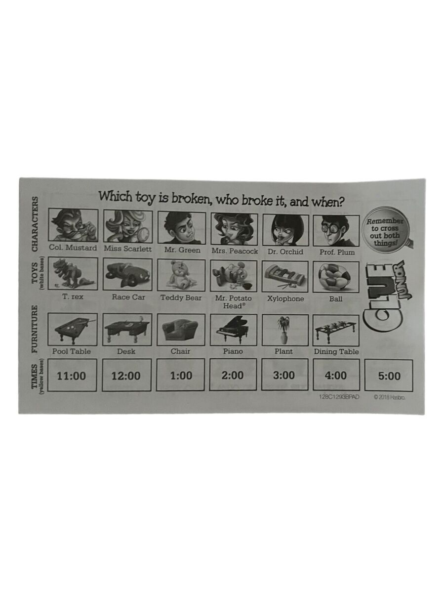 Clue Jr Case Of The Broken Toy Board Game Replacement Parts Pieces inside Clue Jr Sheets Printable Free
