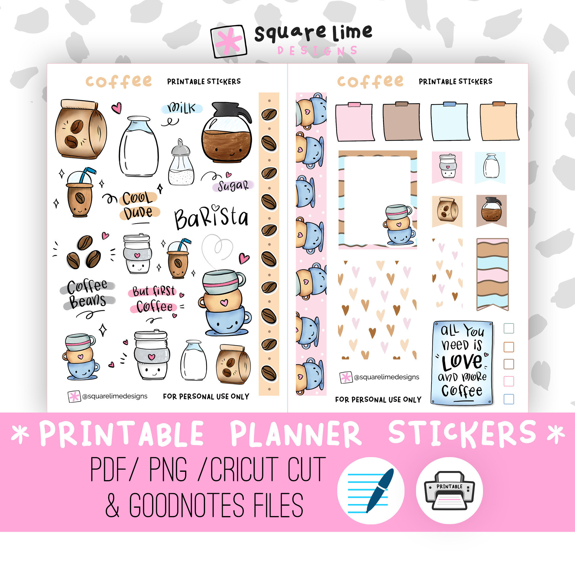 Coffee Stickers Printable, Bullet Journal Printable Stickers, Digital Download, Digital Stickers, Planner Printable, Barista, Milk, Sugar within Bullet Journal Printable Stickers