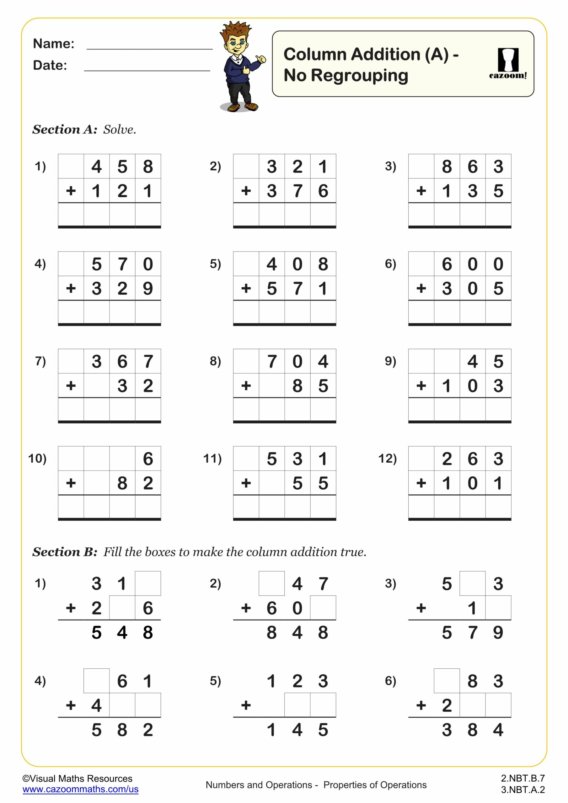Column Addition (A) Worksheet | 2Nd Grade Addition Worksheets with Column Addition With Pictures Worksheet