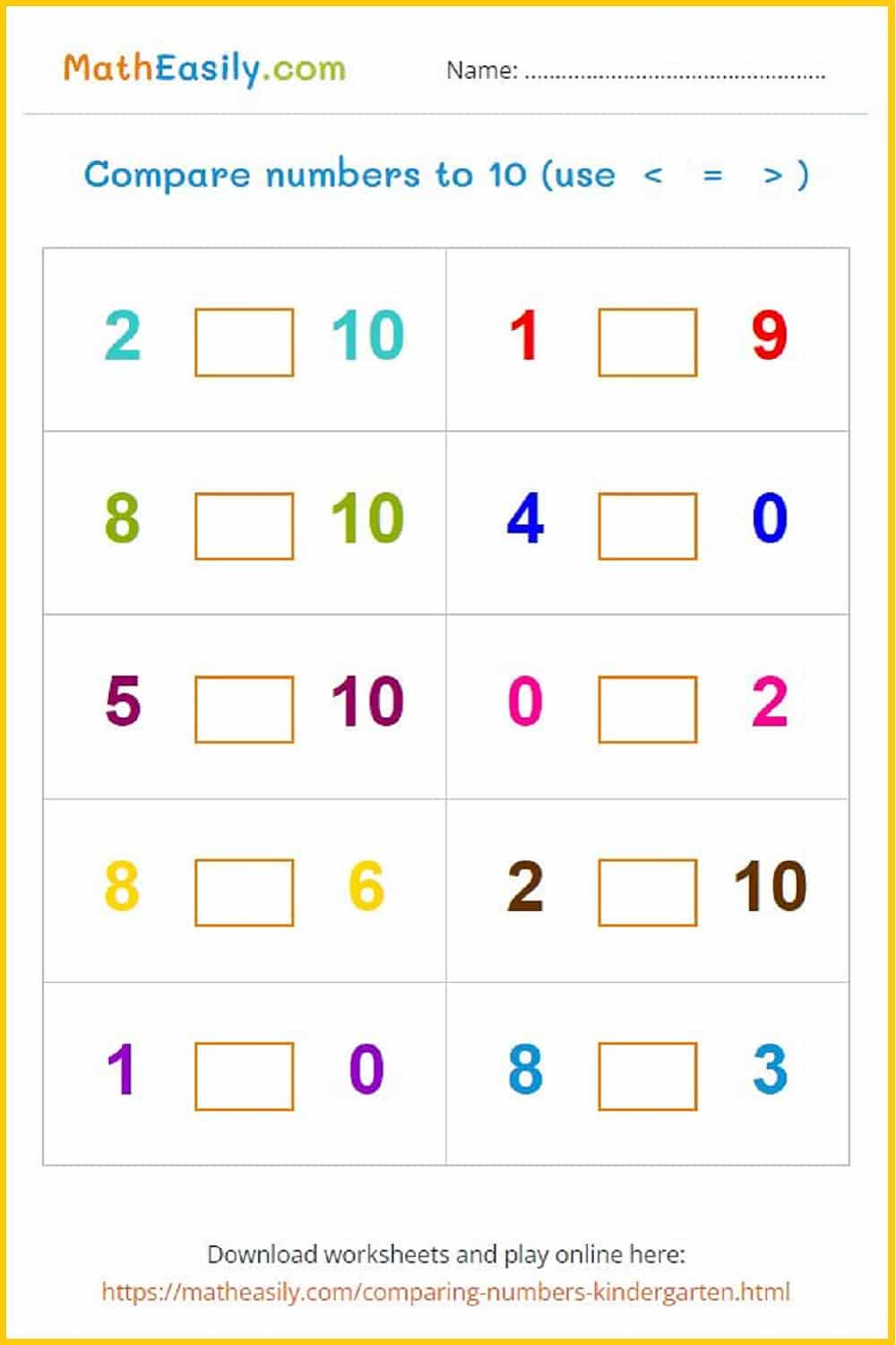Comparing Numbers Games For Kindergarten + Worksheets in Comparing Numbers From 1 To 10 Worksheet