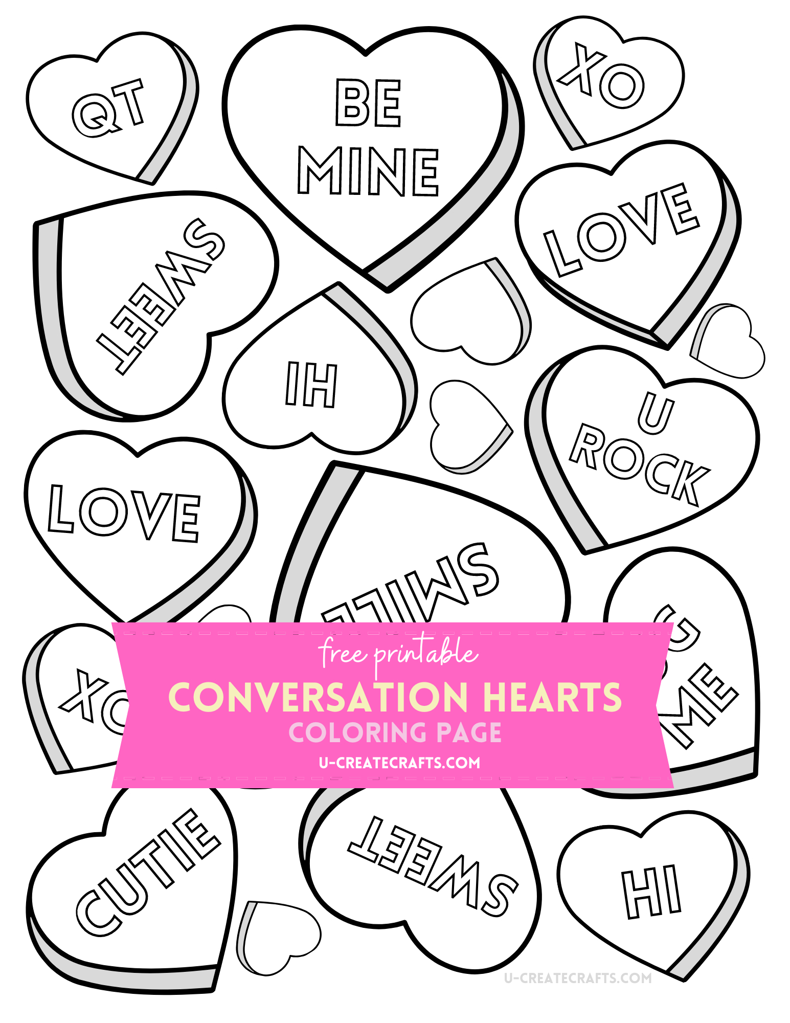 Conversation Hearts Valentine Coloring Page - U Create with Printable Template Conversation Hearts
