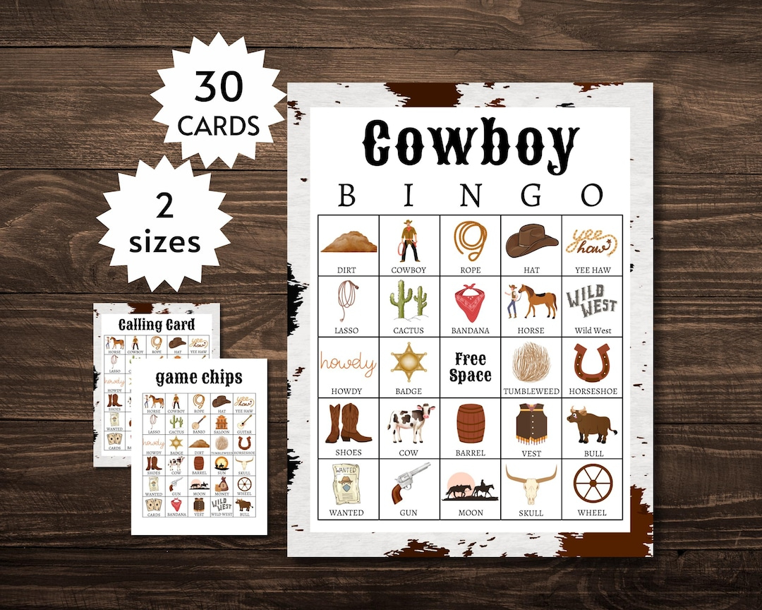 Cowboy Bingo Cards, Printable Wild West Party Game For Kids, Teens with Cowboy Bingo Printable Cards Free