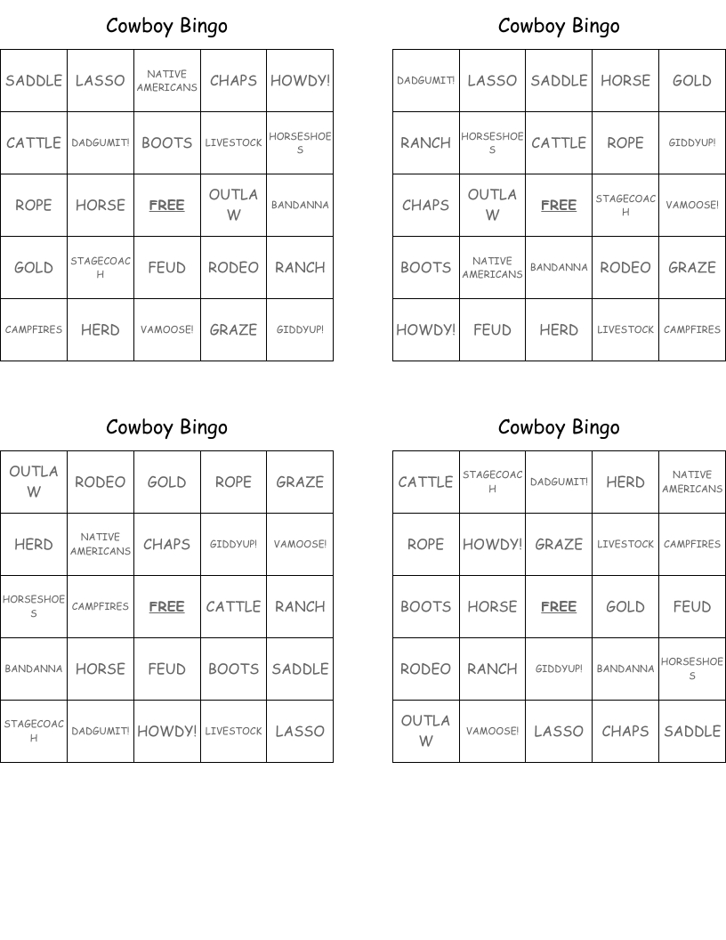 Cowboy Bingo - Wordmint within Cowboy Bingo Printable Cards Free