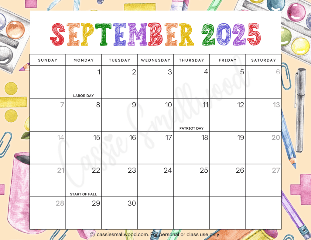 Cute 2025 Free Printable Monthly Calendars - Cassie Smallwood in September 2025 Calendar With Holidays Printable Free