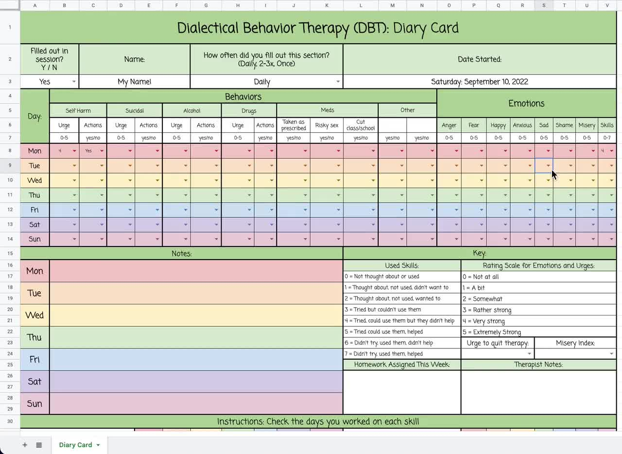 Dbt Adolescent Diary Card Template (Google Sheets) for Printable Dbt Diary Card