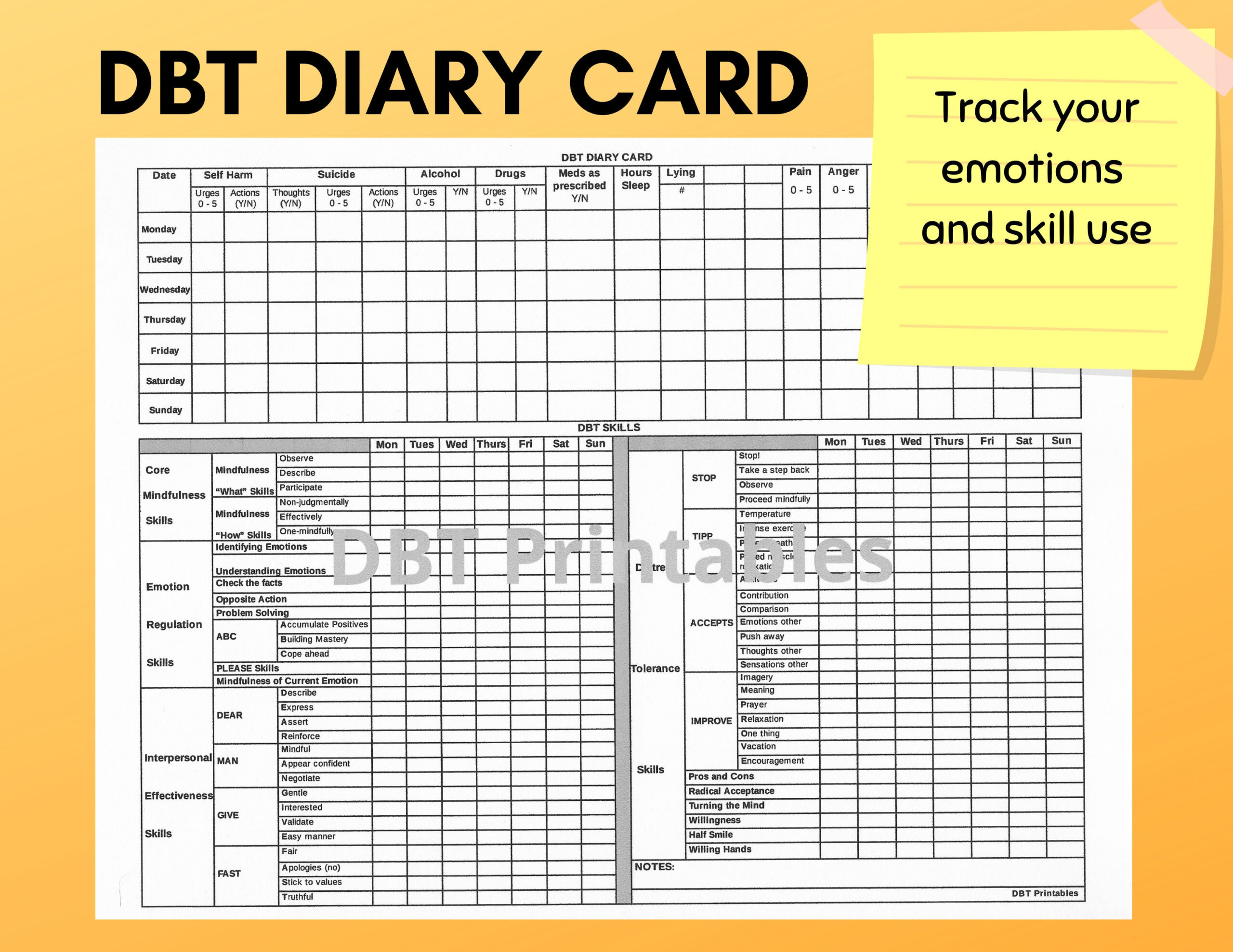 Dbt Diary Card | Printable Bpd Skills Tracker | Dialectical within Printable Dbt Diary Card