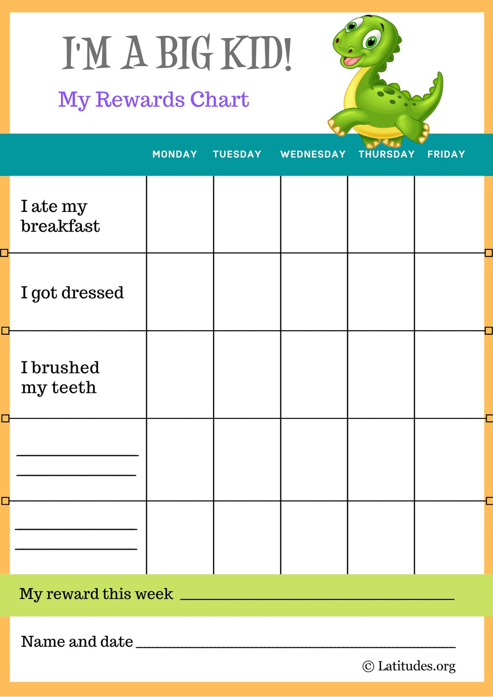 Dinosaur I&amp;#039;M A Big Kid Self-Care Reward Chart - Acn Latitudes throughout Dinosaur Reward Chart Free Printable