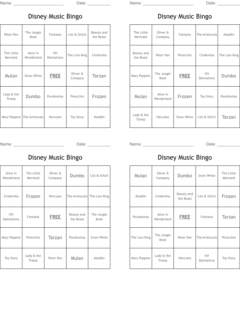 Disney Music Bingo - Wordmint inside Free Music Bingo Card Generator